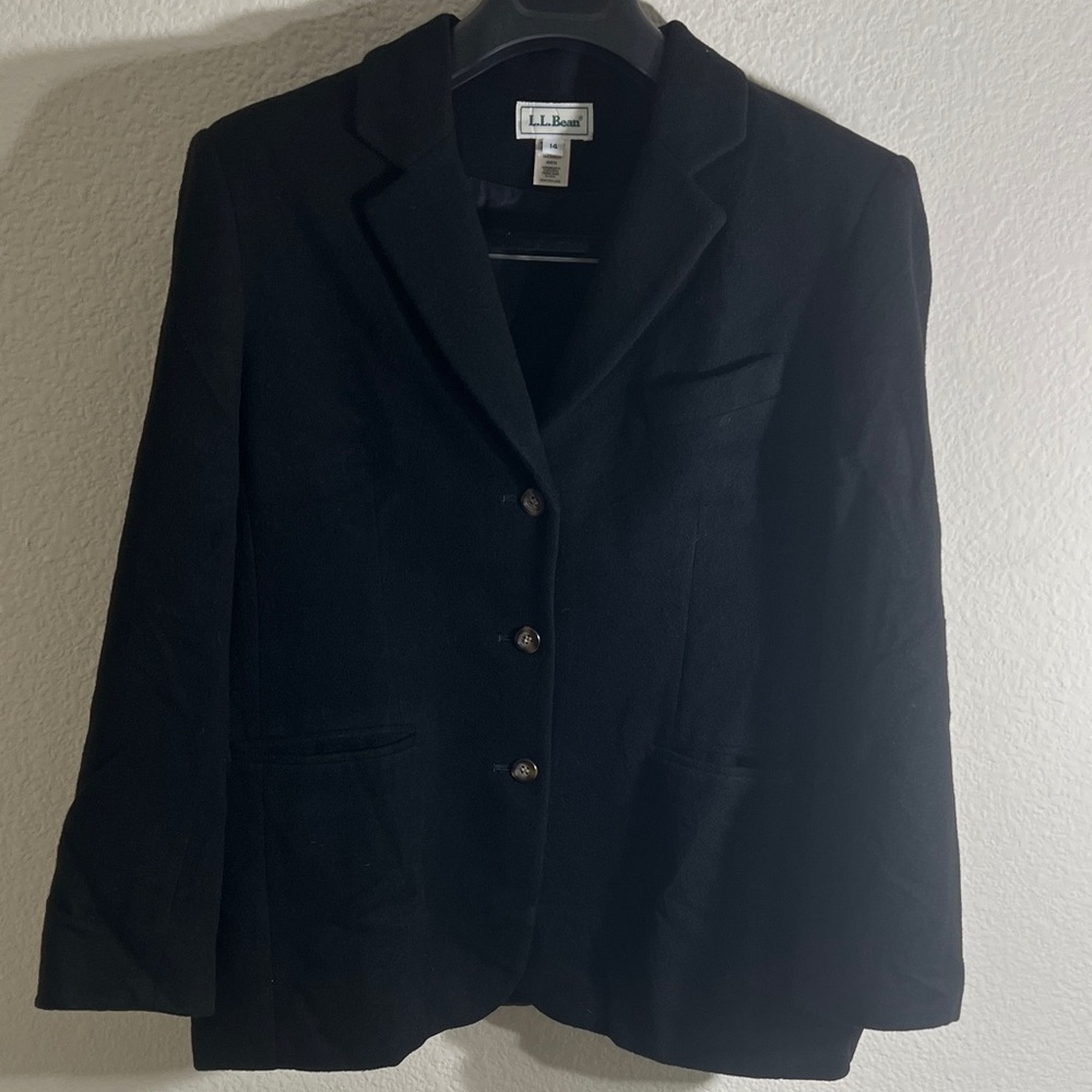 L.L. Bean Wool cashmere Blend Blazer 14 Black vintage office dark academia